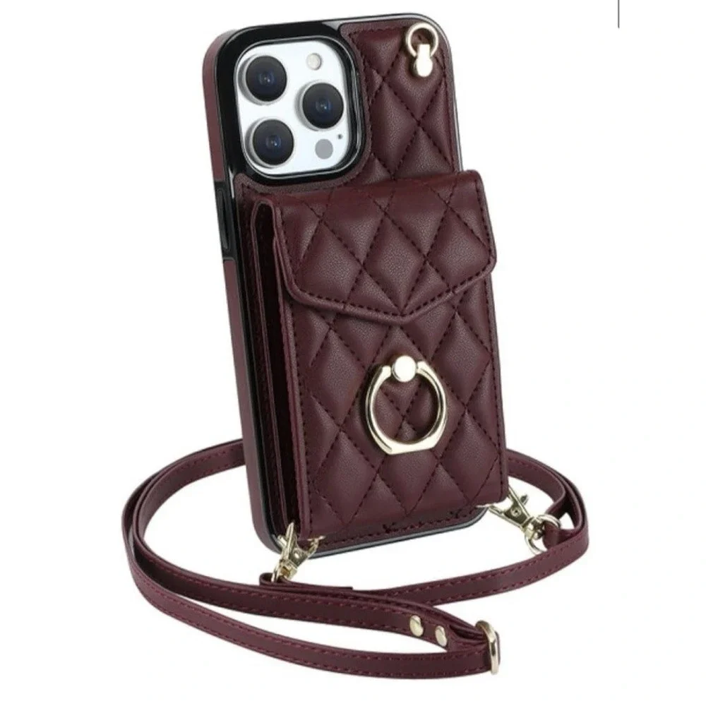Crossbody Womens Leather Zipper Magnetic Card Wallet Phone Case Purse‎ Wine NEW